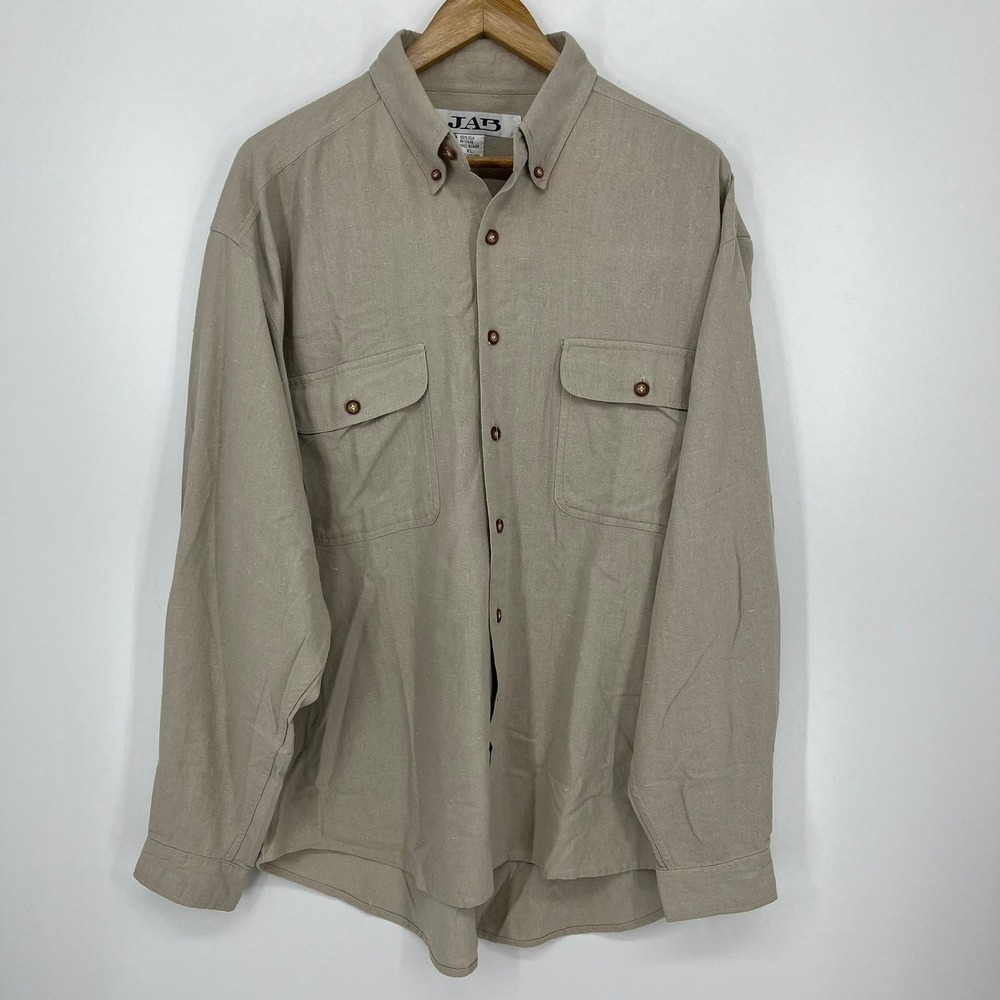 JAB Mens 100% Silk Tan Button Down Long Sleeve Shirt XL Utility Pockets Vtg